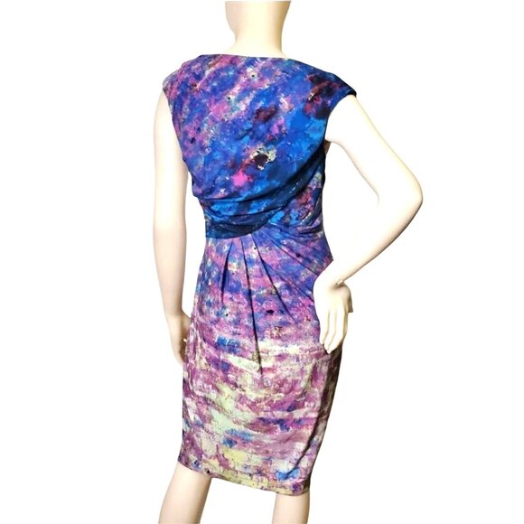 Suzi Chin Sm Y2k Dress Drape Neck Knee Length Sheath Tie-dye Bodycon Dead Stock - Picture 4 of 14